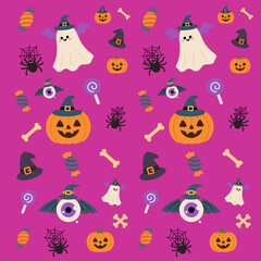 Cute Halloween Seamless Pattern with Ghost, Pumpkin, Spider, and Candy - Vector Illustration