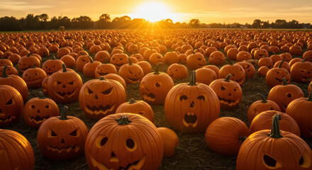Halloween Festive Pumpkins Scattered Across Field Under Colorful Sky