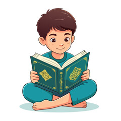 Young boy with blond hair happily reading a green book.