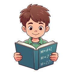 Young boy with brown hair happily reading a math book.