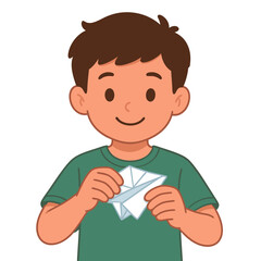 Young boy with brown hair holding a white paper airplane.