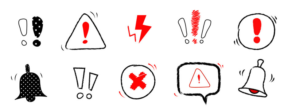 Hand-drawn Alert and Warning Icons Set – Sketch Style Notification Symbols