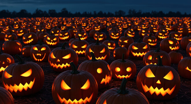 Halloween Pumpkin Field Glowing with Carved Jack-o'-Lanterns at Night