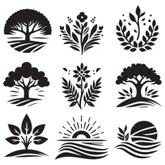 set of black silhouettes of trees and leaf
