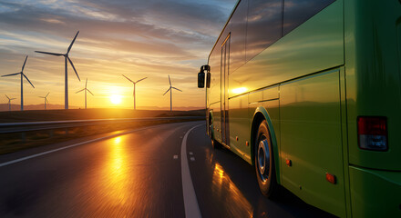 Sustainable transportation with green bus driving by wind turbines during golden hour sunset for eco friendly travel