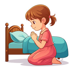 Young Child Kneeling in Prayer Beside Bed with Hands Clasped.