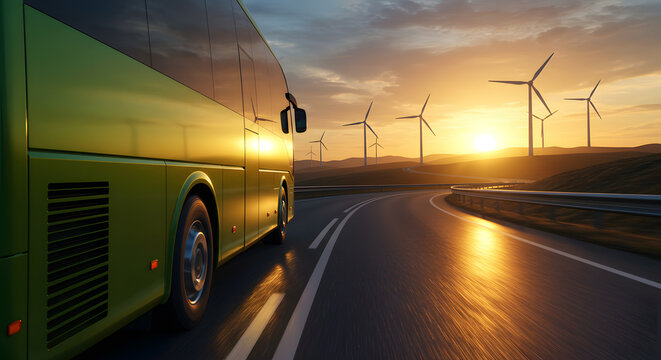 Modern green bus drives on winding road towards renewable energy wind turbines at golden sunset hour for eco travel