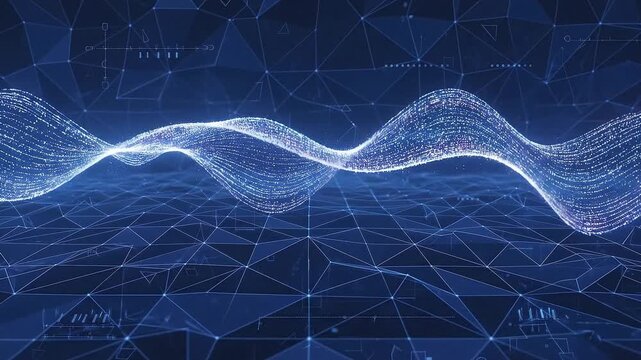 A digital blue background shows a glowing particle wave above a polygonal network with technical diagrams and geometric shapes layered throughout