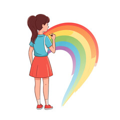 Young girl with brown ponytail painting a large yellow brushstroke with rainbow accents.