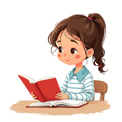 Young girl with brown hair reading a red book with a smile.