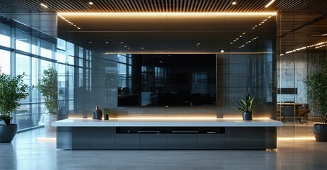 Modern interior features sleek design, large screen, ambient lighting. Minimalist aesthetic creates calm, inviting space. Plants add life.