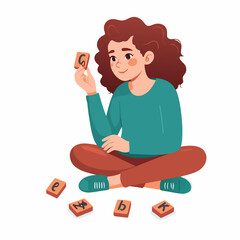 Young Girl with Curly Teal Hair Holding a Card Sitting CrossLegged.
