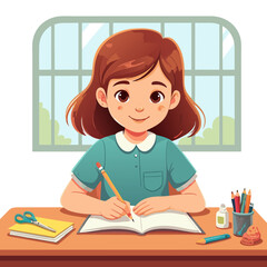 Young girl with light blue hair diligently writing in a book.