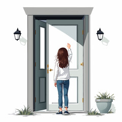 Young girl with long brown hair reaching for an open door.