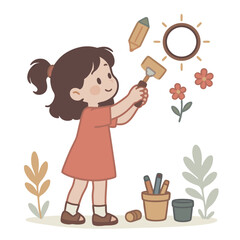 Young girl with paintbrush creating art on a wall.