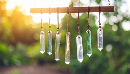 Sunlight refracts through colorful crystals on strings, creating a tranquil shimmer in leafy surroundings.