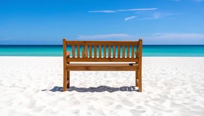 A lone bench faces turquoise waves under a clear sky on a sunlit white beach.