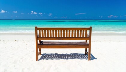 A lone bench faces turquoise waves under a clear sky on a sunlit white beach.