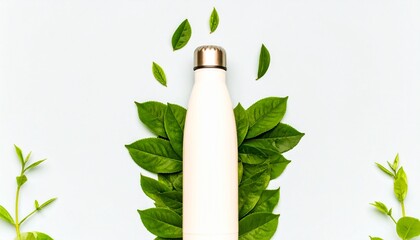 A white reusable bottle stands amid green leaves, symbolizing sustainability and natural harmony.