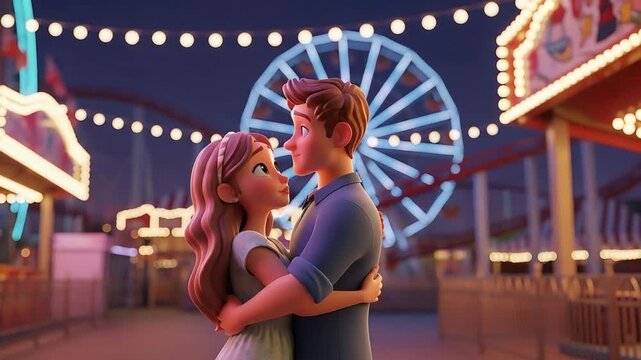 romantic animated couple hugging at carnival night