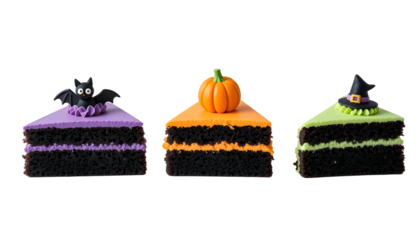 Halloween Cake Slices PNG – Transparent Background Chocolate Layers with Purple, Orange, Green Frosting & Bat, Pumpkin, Witch Hat Toppers