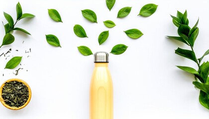 A white reusable bottle stands amid green leaves, symbolizing sustainability and natural harmony.