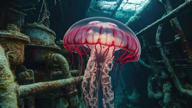 Jellyfish near a rusted ship, underwater scene