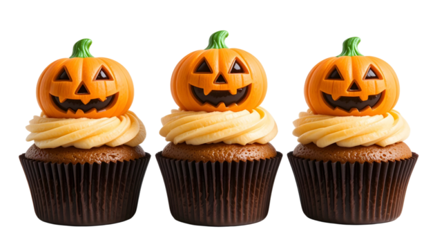 Halloween Cupcakes PNG – Transparent Background Chocolate Base with Vanilla Frosting & Jack-o'-Lantern Toppers