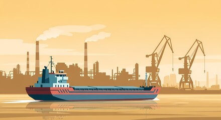 Illustration of a cargo ship sailing on the water with industrial structures and cranes in the background, depicting global trade and transport