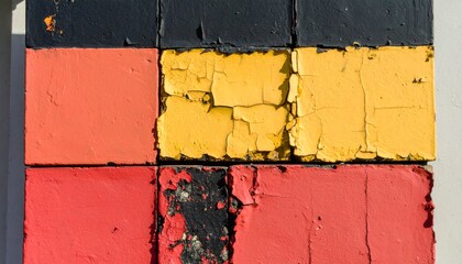 Weathered bricks form Germany’s flag in an urban wall, blending texture with national symbolism.