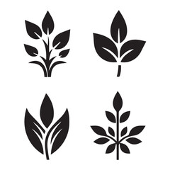 set of black silhouettes of leaf and tree vector design