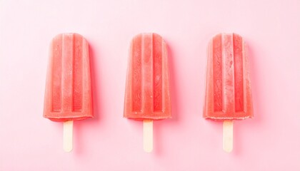 Three red popsicles align on soft pink, their grooves and sticks forming sweet symmetry.