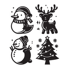 black and white silhouette outline Christmas element art logo design set
