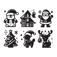 black and white silhouette outline Christmas element art logo design set
