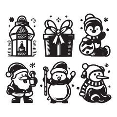 Fototapeta premium black and white silhouette outline Christmas element art logo design set 