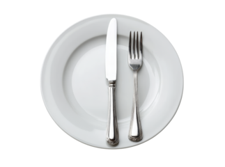 Elegant place setting white plate silverware knife fork dinner, Isolated On Transparent Background, Png