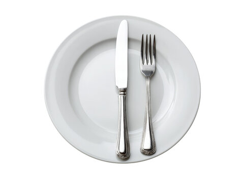 Elegant place setting white plate silverware knife fork dinner, Isolated On Transparent Background, Png