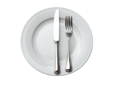 Elegant place setting white plate silverware knife fork dinner, Isolated On Transparent Background, Png