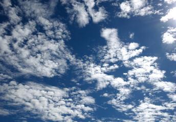 An expanse of deep blue sky filled with scattered white cumulus clouds of varying sizes.