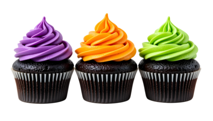 Halloween Cupcakes PNG – Transparent Background Chocolate Base with Purple, Orange & Green Frosting in Striped Liners