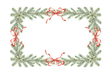 Christmas spruce tree branch with bow vintage frame watercolor. Fir twig with green needles. Hand drawn illustration of pine winter holiday background. Isolated template for greeting card, textile.