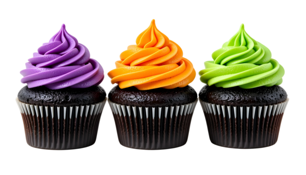 Halloween Cupcakes PNG – Transparent Background Chocolate Base with Purple, Orange & Green Frosting in Striped Liners