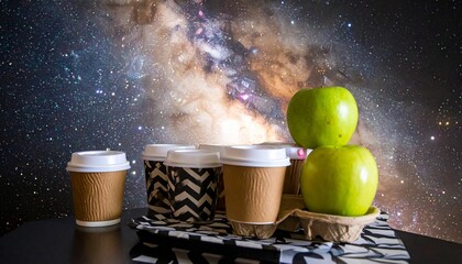 Coffee cups and apples rest on a checkered cloth beneath a swirling cosmic galaxy.
