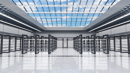 Large commercial space with empty gondola display racks in the center, shelves along the walls and clear roof overlooking the blue cloudy sky. 3d illustration