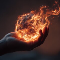 A person gently cradles a glowing fireball in their hand, surrounded by vibrant sparks. The scene is set against a dark backdrop, enhancing the brilliant light.