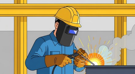 Illustration of a welder at work, wearing protective gear, welding metal with sparks and a focused expression on their face, industrial setting