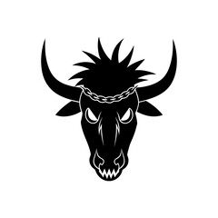 Black bull head with chain and sharp teeth on transparent background silhouette