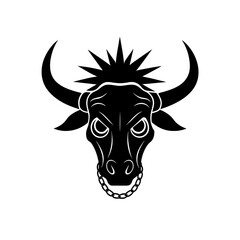 Black bull head with chain and spiky hair on transparent background silhouette