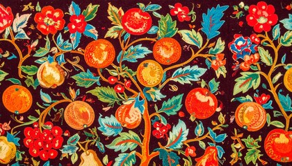 Vibrant fruits and flowers entwine on dark textile, blooming with vintage botanical elegance.