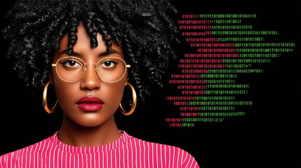 Person in glasses with curly hair binary code in background